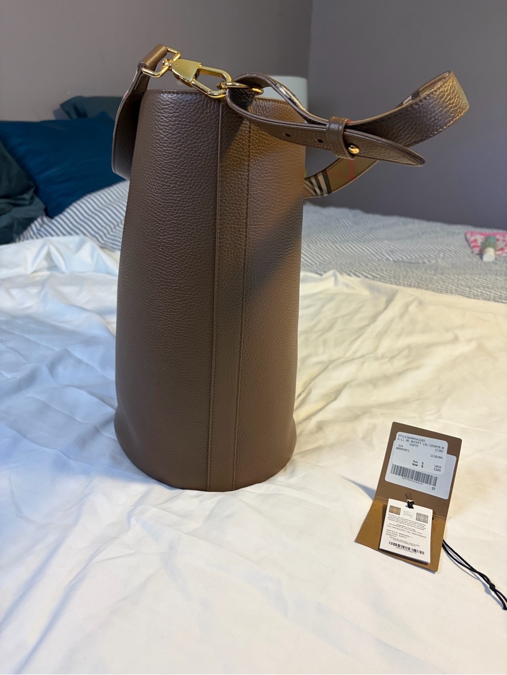 Burberry Chocolate Brown Pebbled Leather Bucket Bag with Check Strap - Picture 2 of 8